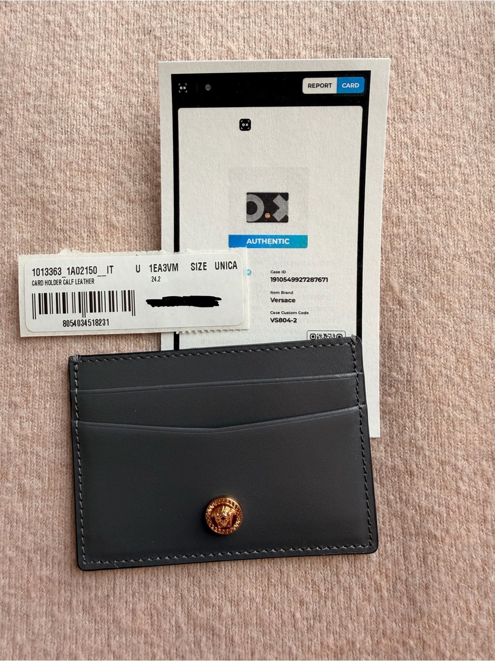 Authentic Versace Gray Calf Leather Card Holder
